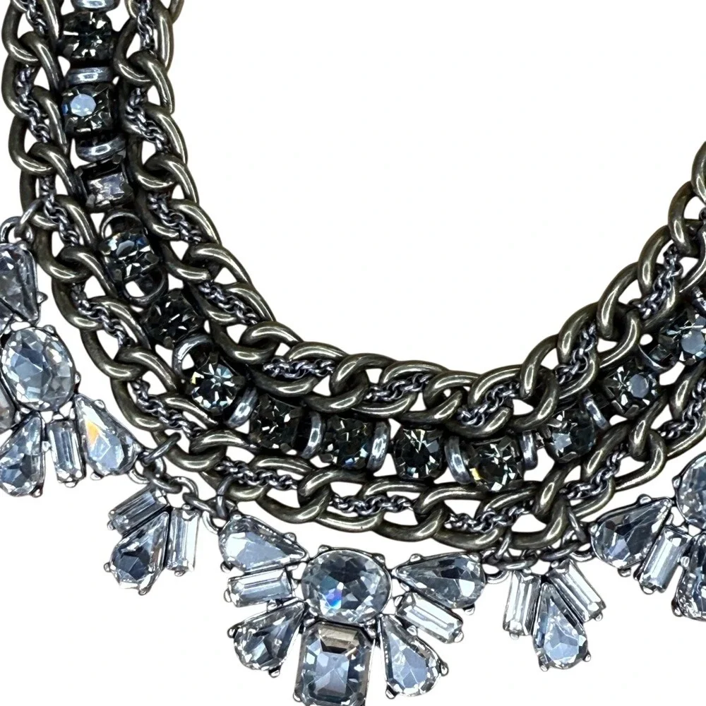 LOFT‎ Statement Necklace Black Silver Multi Strand Rhinestone Crystal Bib